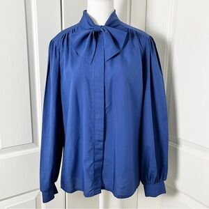 Vintage Navy Blue Judy Bond Secretary Blouse with Tie-Front Bow - Size 14